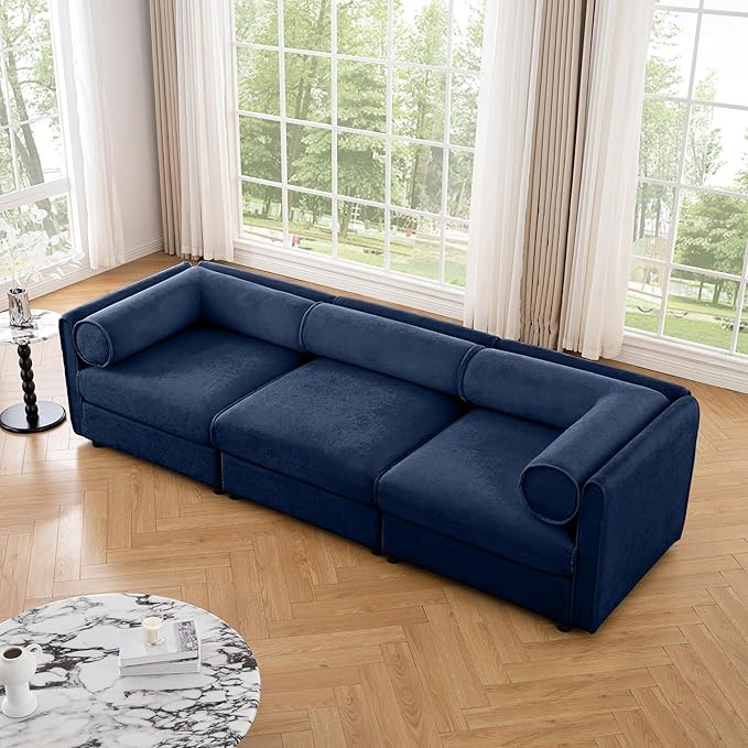 KEIKI 109" Oversized Modular Chenille Sectional Sofa with Storage Seat, Modern 3-Seater Couch with Cylindrical Backrest and Armrests, Easy Assembly, for Apartment, Living Room, Blue