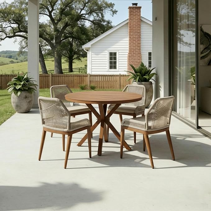 PURPLE LEAF 5 Pieces Round Dining Set Patio Aluminum Modern Round Table and Wicker Chairs with Cushions for Kitchen Porch Garden Outdoor Furniture Sets by PURPLELEAF