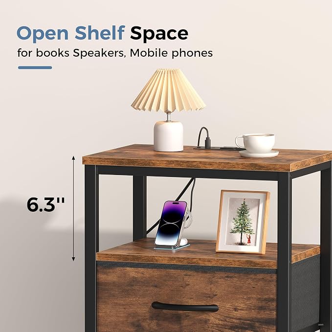 OLIXIS Nightstand with Charging Station, Bedside Tables with USB Ports and Fabric Drawer, Small Night Stand with Open Adjustable Shelf, Compact End Table for Bedroom, Rustic Brown - Image 9