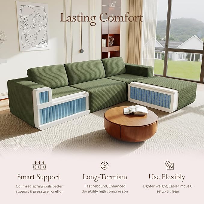 Vesgantti 119" L-Shaped Modular Sectional Sofa, Corduroy Cloud Couch with Deep Seating & Spring Support, Flexible Layout Sofa with Ottoman, Boneless Style, No Assembly Required, Green