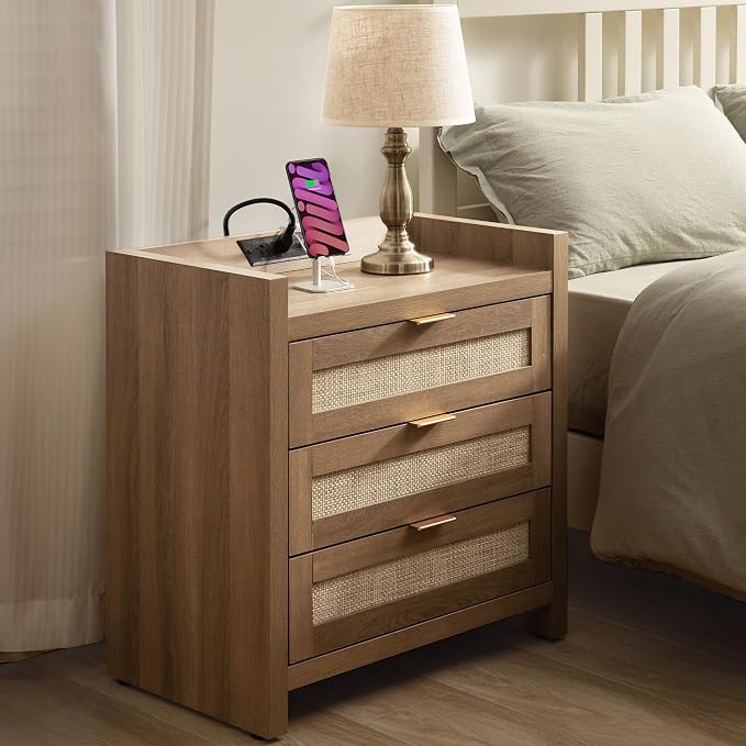 SICOTAS Larger Rattan Night Stand - Tall Nightstands with Type-C Charging Station, 3 Rattan Drawers, Boho Bedside Table End Table with Storage for Bedroom Sofa Couch Office - Oak - Image 3