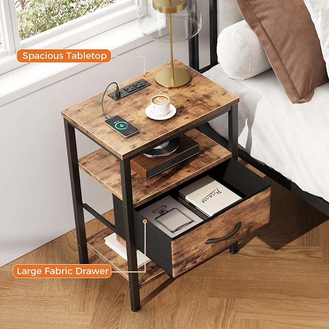 DUMOS Bedside Table with Charging Station and Adjustable Fabric Drawer Compact Nightstand 3-Tier Storage Organizer End Table for Bedroom,Brown - Image 4