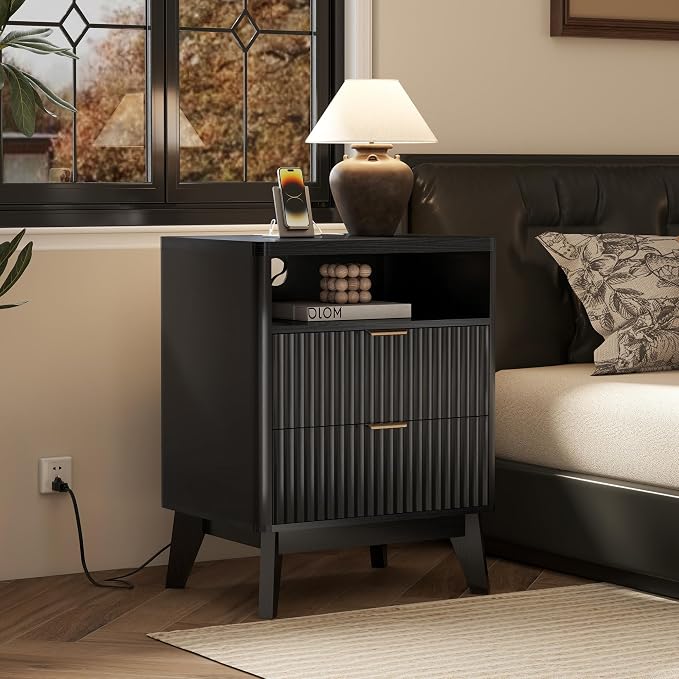 LYNCOHOME Fluted Nightstand with Charging Station, 19.7 inch Wide End Table with 2 Drawers, Modern Wood Bedside Table for Bedroom, Night Stand Set of 2, Black - Image 4