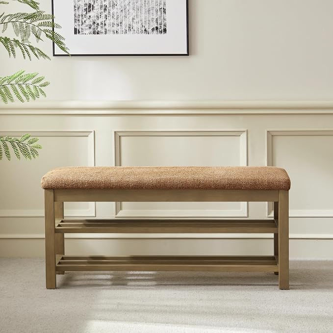 VKNOW Entryway Bench, 44.3” Upholstered Shoe Storage Bench for Bedroom, 2-Tier Storage End of Bed Bench with Rubberwood Legs for Living Room, Hallway, Orange - Image 8