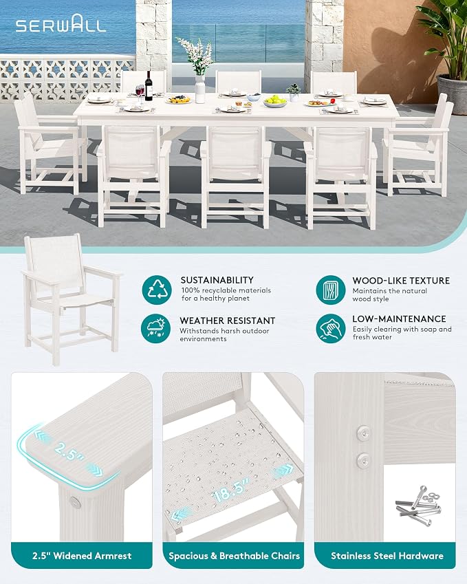 SERWALL 9 Piece Outdoor Dining Set, 84" HDPE Outdoor Large Table and Textilene Sling Chairs for 8，All Weather Patio Dining Furniture Set with Umbrella Hole for Backyard, Garden, White - Image 3