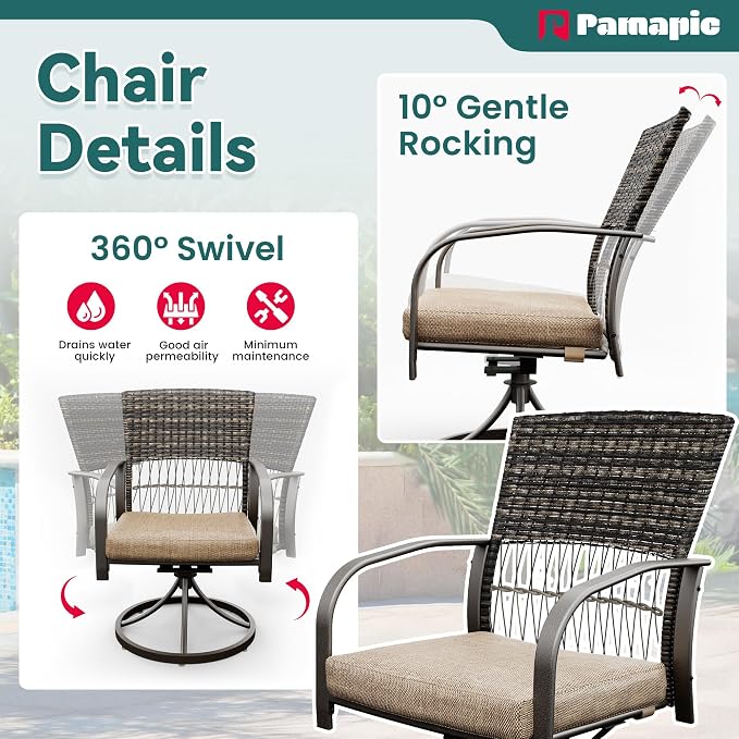 Pamapic 7-Piece Outdoor Dining Set with Table, Patio Furniture Includes 2 Swivel Chairs, 4 Wicker Chairs & Beige Removable Cushions, Weather Resistant Iron Frame for Backyard, Deck, Garden (Beige) - Image 6