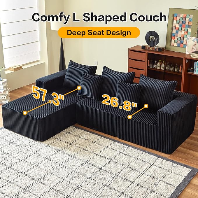 Boneless Sectional Sofa, 101" Cloud Sofa with Wide-Wale Corduroy, Deep Seat L Shaped Couch, All-Foam Filled Compressed Couch for Living Room (Black, Corduroy)