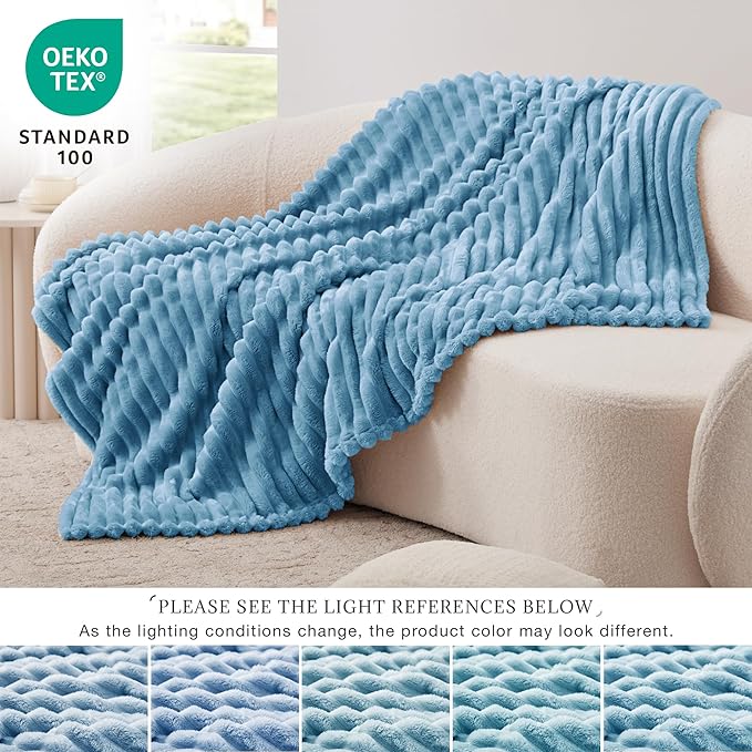 EXQ Home Fleece Throw Blanket for Couch or Bed - 3D Stripe Jacquard Decorative Blankets - Cozy Soft Lightweight Fuzzy Flannel Blanket Suitable for All Seasons(50"??60",Blue)