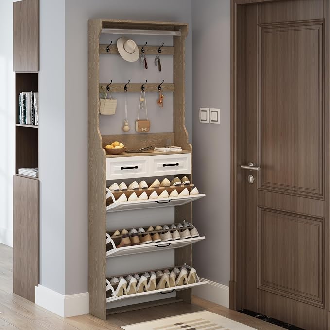 Vibe & Dine Shoe Cabinet, Entryway Shoe Storage Cabinet with 3 Flip Doors and 2 Drawers, 2-in-1 Wooden Shoe Rack Organizer with Coat Hooks for Hallway Cloakroom, Oak Color - Image 4