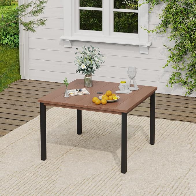 VICLLAX 5 Pieces Patio Dining Set, Patio Furniture Set of 4 Patio Stackable Dining Chairs and Outdoor Metal Square Table with Umbrella Hole for Backyard Lawn Garden, Brown Chairs and Walnut Table - Image 5