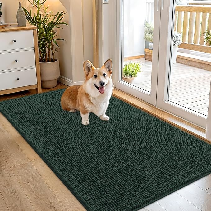 OLANLY Dog Door Mat for Muddy Paws 54x32, Absorbs Moisture and Dirt, Absorbent Non-Slip Washable Doormat, Quick Dry Chenille Mud Mat, Entry Indoor Entryway Carpet for Inside Floor, Blackish Green by OLANLY