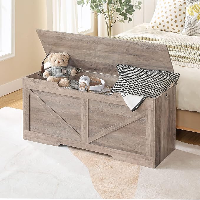 HOOBRO Storage Bench, 43.3” Retro Wooden Storage Chest with U-Shaped Cut-Out Pull, Safety Hinge, Supports 220 lb and Easy Assembly for Toy Box Organizer (Greige) BG772CW01 - Image 3