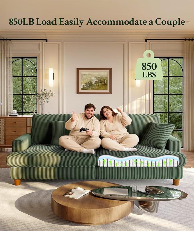 87.2" Couches for Living Room, Comfy Green Couch 7.5" Extra Thick Cushion, Sofas for Living Room Tool-Free Setup, Loveseat Sofa 848lbs Support, Corduroy Couch for Bedroom, Apartment, Office