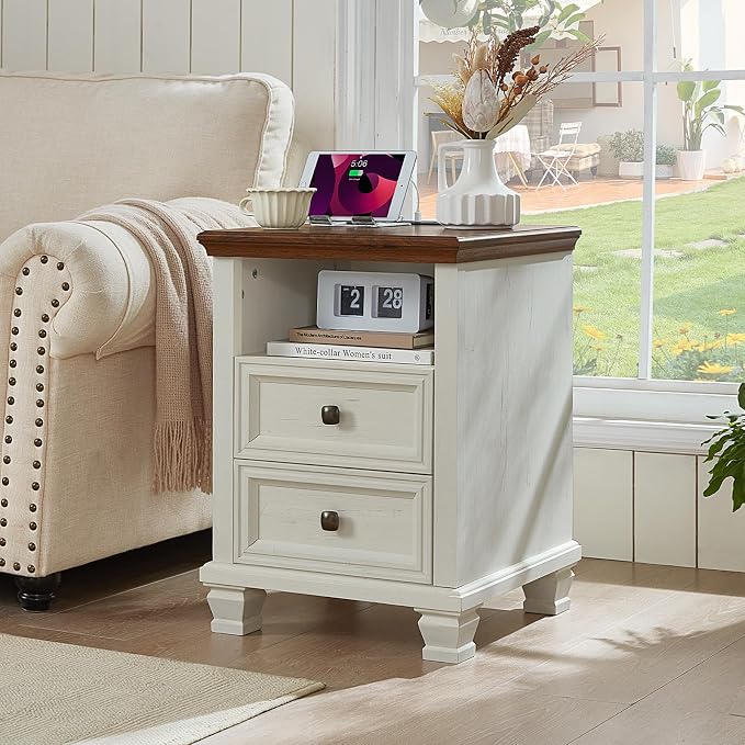 SAVOR LIFE Farmhouse Nightstand Set of 2 with Charging Station, Antique Nightstands with Drawers, Bedside Table with Open Shelf for Bedroom, White - Image 7