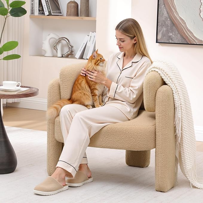 Accent Chairs Set of 2, Modern Sherpa Barrel Chairs, Upholstered Living Room Chairs with 3 Legs, Comfy Armchair Reading Side Chair for Bedroom, Office, Apartment, Khaki