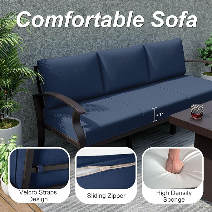 ALAULM Aluminum Patio Furniture Set with Coffee Table Rectangular, 7-seat Outdoor Sectional Furniture w/Swivel Chairs, Patio Conversation Set for Porch, Backyard, Poolside-Dark Blue