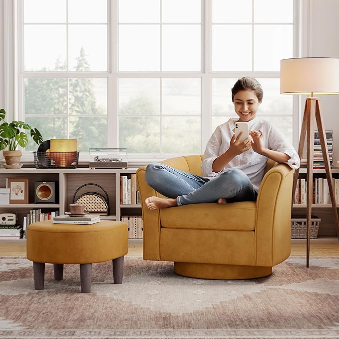 LINSY Swivel Accent Chair Ottoman Set: Velvet Larege Barrel Chair with Foot Rest, Modern Reading Chair Upholstered Armchair with Footrest for Living Room Bedroom Study Room Office (Yellow)