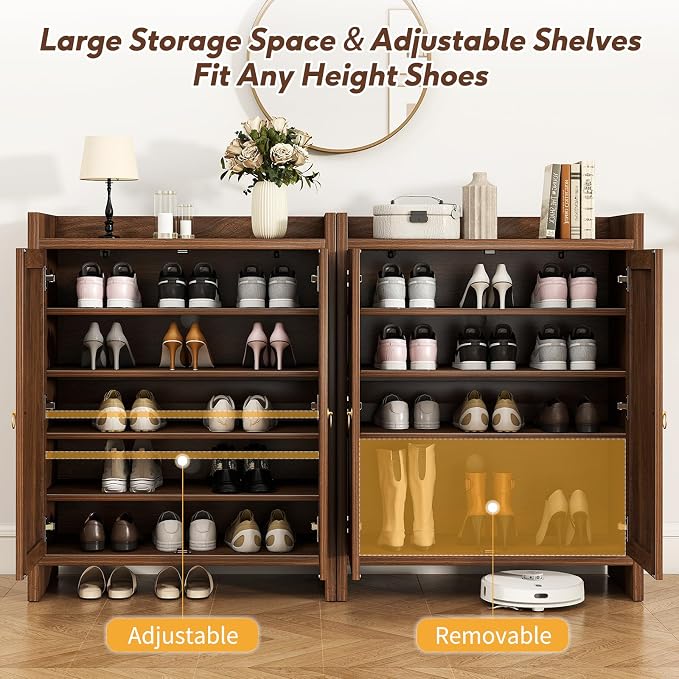 Shoe Cabinet Storage for Entryway - Rattan Entry Way Shoe Storage Cabinet with Adjustable Shelves, Wood Shoe Organizer Cabinet, Accent Cabinet with Doors for Entrance Hallway Living Room Foyer - Image 4
