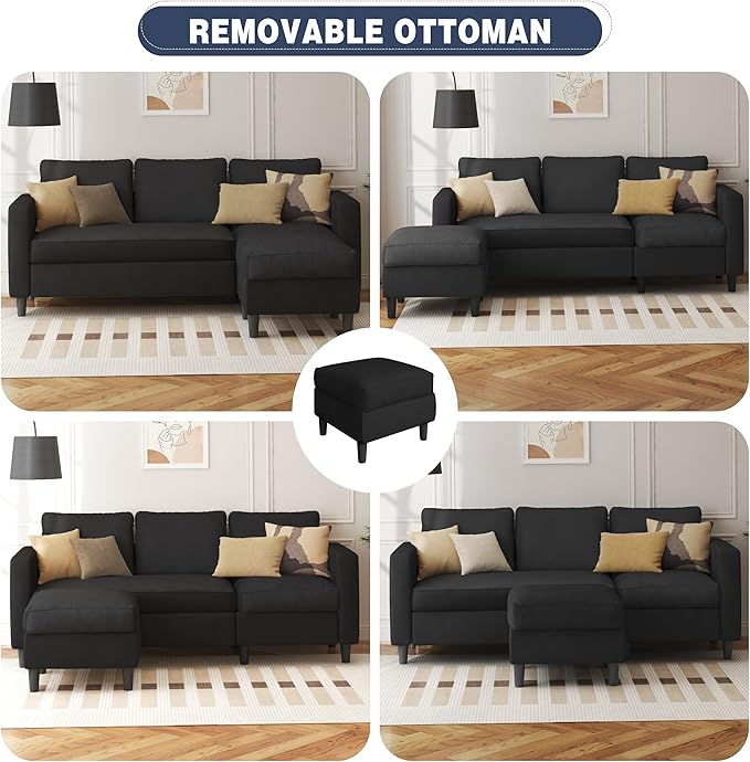 Shintenchi Convertible Sectional Sofa Couch,L-Shaped Modular Sofas with Reversible Ottoman,3-Seat Upholstered Corduroy Sofa Couch,Small Couches for Apartment,Living Room and Office(Black)