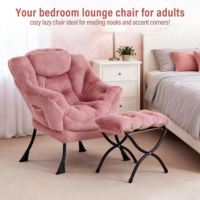Furlide Lazy Chair with Ottoman, Modern Accent Chair with Armrests and a Side Pocket, Plush Dark Pink Accent Chairs, Reading Chairs, Oversized Armchairs for Bedroom, Study, Living Room, Courtyard