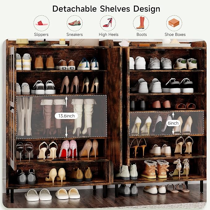 ONBRILL Shoe Storage Cabinet with Cross Molding Doors, 6-Tier Shoe Cabinet with 3 Adjustable Shelves and Metal Legs, 45 Inch Tall Shoes Rack Organizer for Entryway, Front Door, Rustic Brown - Image 5