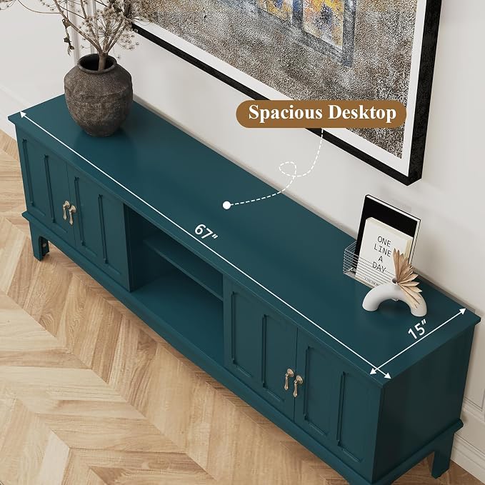 ARTPOWER 67“ Vintage TV Stand for TVs up to 75”, Modern Entertainment Center with Door Cabinets and Open Shelves,TV Console with Storage,Green Media Cabinet for Living Room,Bedroom - Image 2