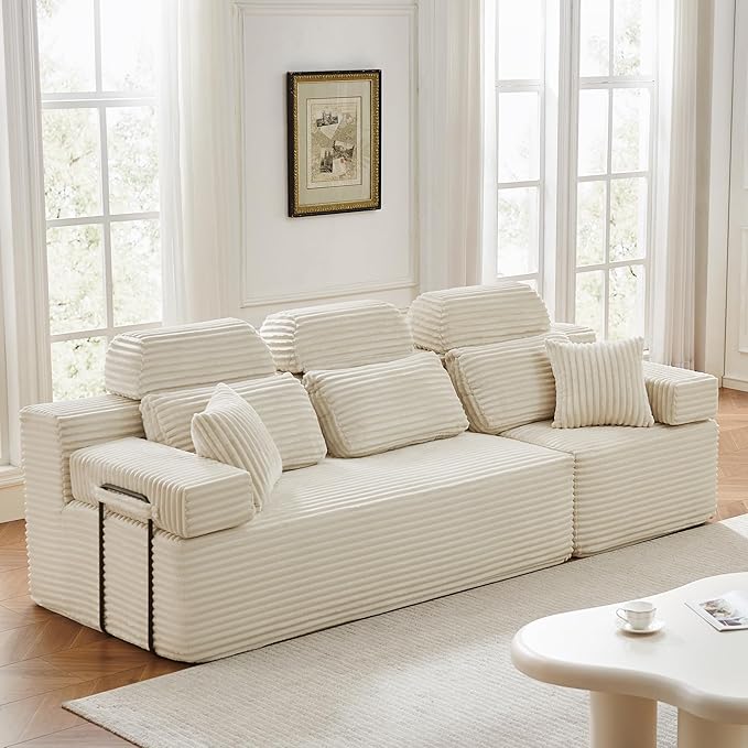 101" 3 Seater Sofa Cloud Modular Sectional Sofa with Chaise & Headrest, Boneless Deep Seat Plush Corduroy Couches for Living Room, No Assembly Required (White, 101" 3 Seater)