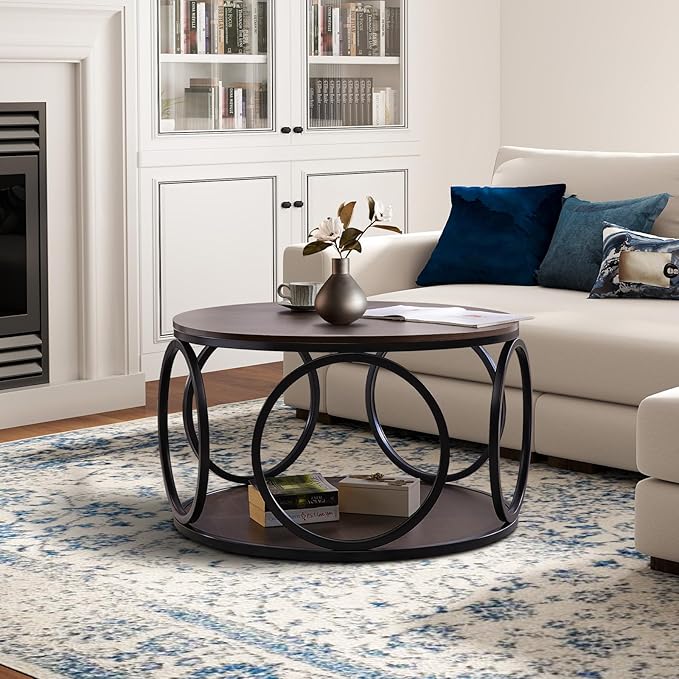 BECHAEO 31.5" Round Coffee Table with Storage, 2 Tier Vintage Coffee Table for Living Room, Industrial Design Wood Top & Metal Legs-Modern Accent Cocktail Tables for Home Office