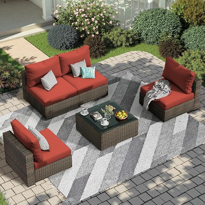 5 Piece Patio Furniture Set All Weather PE Rattan Outdoor Sectional Sofa Couch with No-Slip Cushions and Glass Top Table for Garden, Poolside, Backyard (Red)