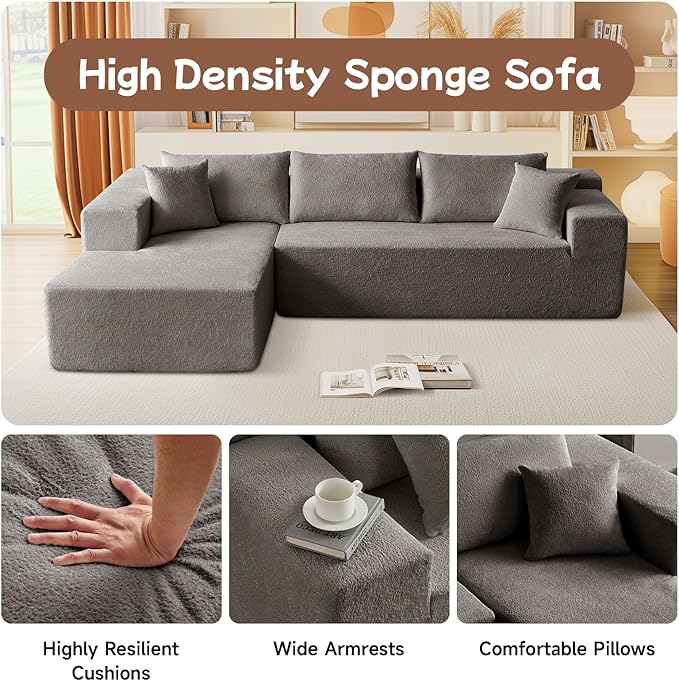 104” Sectional Cloud Couch, L-Shape Compressed Sofa with Right Chaise Lounge, Modular Cloud Couch with 2 Pillows & Deep Seat, Rain Drop Velvet Floor Sofa for Living Room, Light Gray