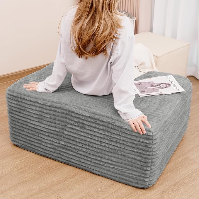 37.4" Plush Corduroy Ottoman, Upholstered Cloud Ottoman for Boneless Couch in a Box, Modular Sectional Couches for Living Room Bedroom, Compressed Memory Foam, No Assembly Require, Grey