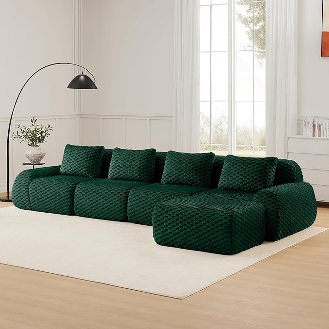 146" L-Shaped Compressed Sectional Cloud Sofa, Flannel Upholstered Modular Deep Seat Sofa with 5 Pieces, Modern Floor Boneless Foam Modular Cloud Couches for Living Room
