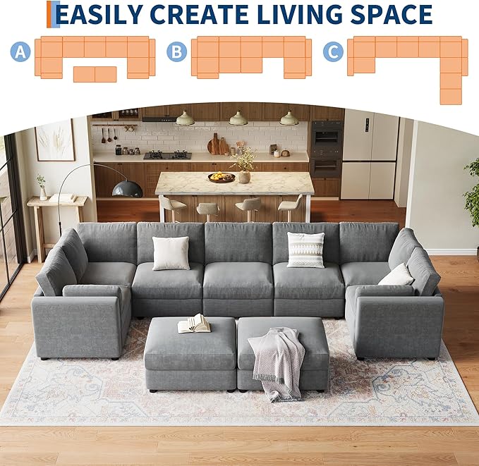 IDEALHOUSE 172" Modular Sectional Sofa, 9 Seater Sectional Couch, U-Shape Modern Sofa with Ottoman, Deep Seat, Oversized Convertible Modular Couch for Living Room Apartment Office, Chenille, Grey