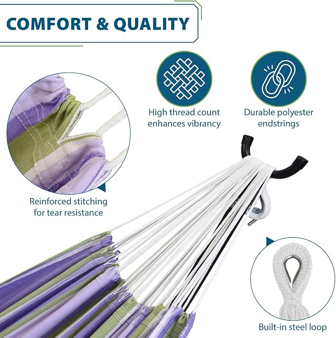 Vivere Double Cotton Hammock with Space Saving Steel Stand, Upgraded Polyester End Strings 450 lb Capacity - Premium Carry Bag Included - USA Grown Cotton (Tranquility) - Image 2