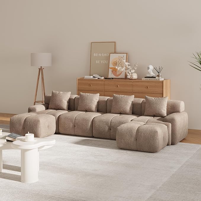 135" U-Shaped Compressed Sectional Cloud Sofa, Flannel Upholstered Modular Tufted Sofa with 6 Pieces, Symmetrical Boneless Foam Modular Cloud Couches for Living Room