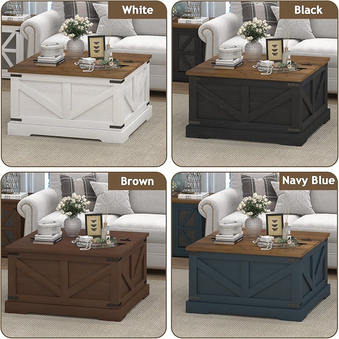 Farmhouse Coffee Table with Hidden Storage Compartment, Black Square Coffee Table for Living Room, Wood Center Table with Hinged Lifting Tabletop for Home