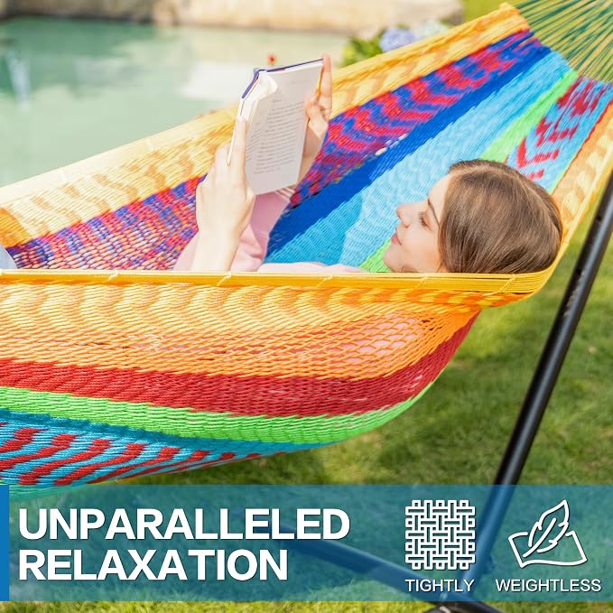 PNAEUT Double Hammocks with Stand for Outside, Portable Space Saving Heavy-Duty Steel Stand for Indoor Outdoor Patio (Mayan Rainbow) - Image 3