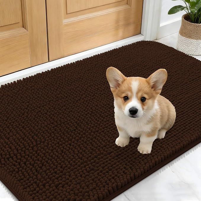 OLANLY Dog Door Mat for Muddy Paws 24x16, Absorbs Moisture and Dirt, Absorbent Non-Slip Washable Doormat, Quick Dry Chenille Mud Mat for Dogs, Entry Indoor Entryway Carpet for Inside Floor, Brown by OLANLY