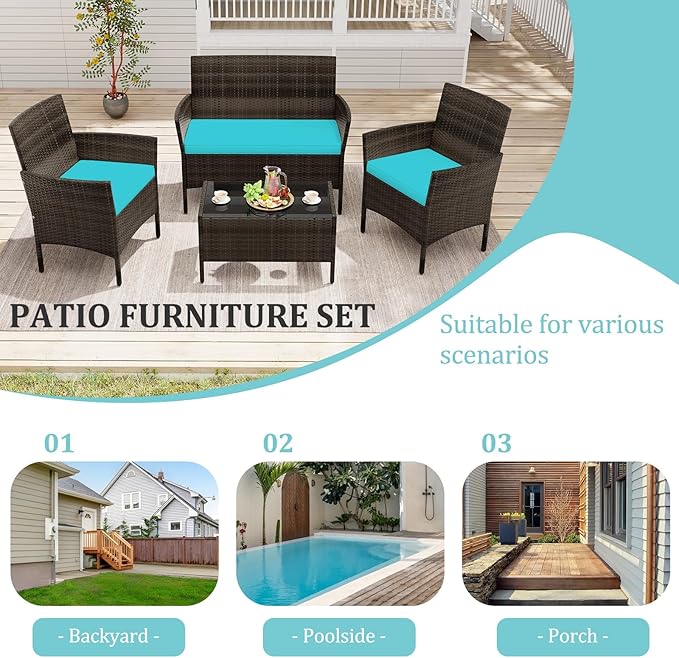 KOTEK 4 Piece Patio Furniture Set, Outdoor Rattan Conversation Set with Loveseat, Wicker Chairs, Tempered Glass Coffee Table, Wicker Patio Set for Backyard, Porch (Turquoise)