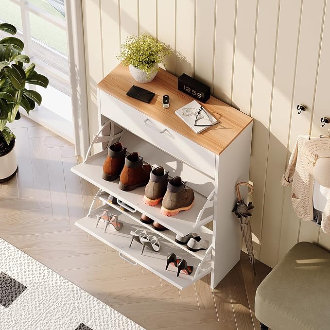 VINGLI Set of 2 Shoe Cabinet Storage for Entryway, Ultra Slim Shoe Organizer with 2 Flip & 1 Drop-Down Drawers, 2-Pack Narrow Shoe Cabinet 24.8" W for Front Door, Freestanding Modern White Shoes Rack - Image 9