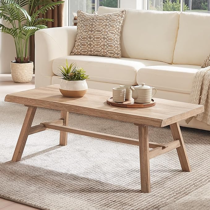 Wnutrees 43" Farmhouse Solid Wood Coffee Table, Rustic Rectangular Center Table for Living Room, Natural
