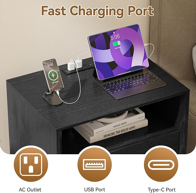 Black Nightstand with Charging Station Set of 2, Wide Bedside Table with 2 Storage Drawer and Open Wood Shelf, Night Stand for Bedroom, Side Table, End Table, Black - Image 3