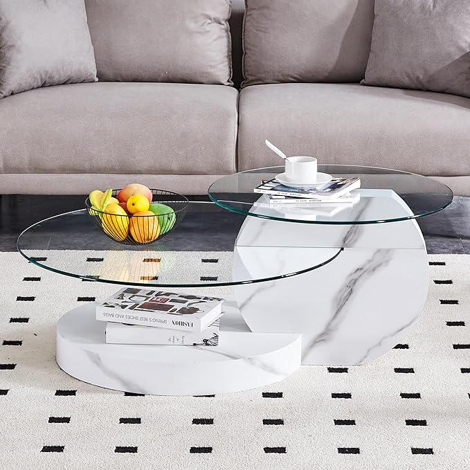 42" Glass Coffee Table, Round Coffee Table, 2-Tier Tempered Glass Tabletop with White Faux Marble Base, Modern Center Table for Living Room, Home, Apartment, Ideal for Small Space