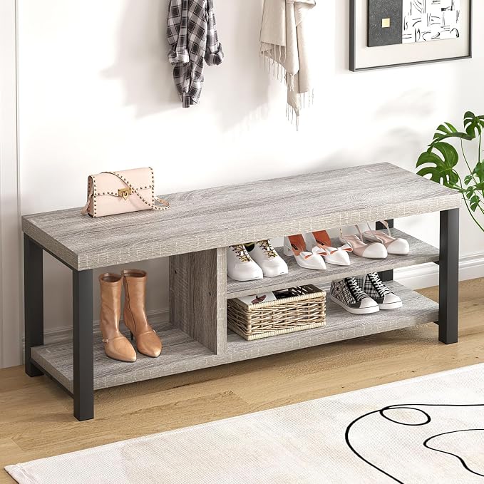 FOLUBAN Shoe Storage Bench, Rustic Wood Entryway Bench for Hallway Entrance, Vintage Indoor Bench with Shoe Storage and Seating for Bedroom Living Room, Light Grey, 47 Inch - Image 7
