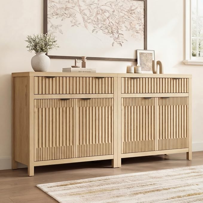 Fatmok Fluted Buffet Cabinet with Storage, 34" Tall Modern Arched Sideboard Cabinet w/AdjustableShelves,Wooden Modular Coffee Bar for Dining Room, Kitchen, Living Room, Entryway, Natural - Image 6