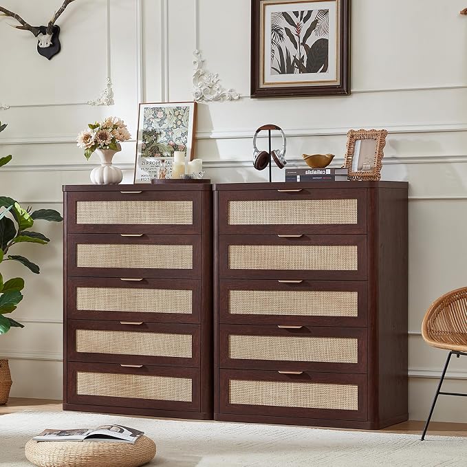 LEYAOYAO Rattan Dresser for Bedroom Set 2, 41" Tall Chest of Drawers, Modern 5 Drawers Boho Dressers with Storage, Light Oak Dresser Wooden Closet Organizer for Living Room, Hallway, Retro Walnut by LEYAOYAO-Findtheshiningpointofyourideallife%EF%BC%81