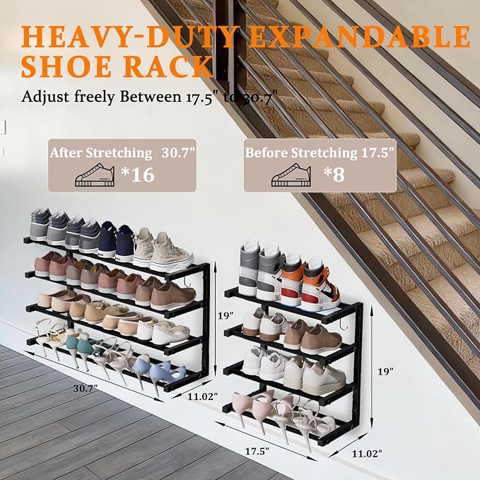 2 Pack Wall Mounted Shoe Rack, 4 Tier Hanging Shoe Rack Holds 32 Pairs, 17"-30"Adjustable Heavy Duty Wall Shoe Shelf with 4 Storage Hooks, Space Saving for Closet Entryway, Black, Patent Pending - Image 2