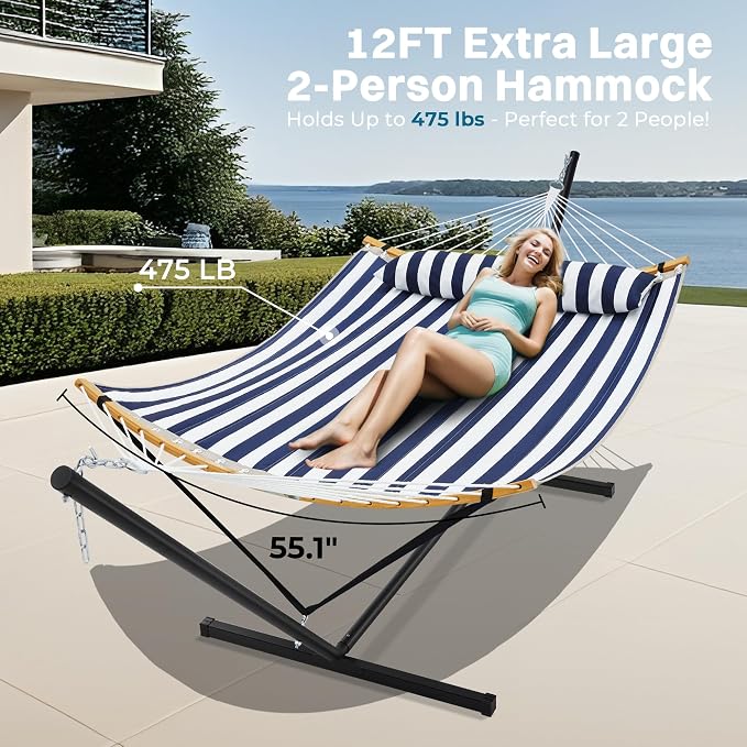 SUPERJARE Curved-Bar Hammock with Stand, 2 Person Heavy Duty Hammock Frame, Detachable Pillow & Portable Carrying Bag, Perfect for Outdoor & Indoor, Denim Blue with White Stripes - Image 3
