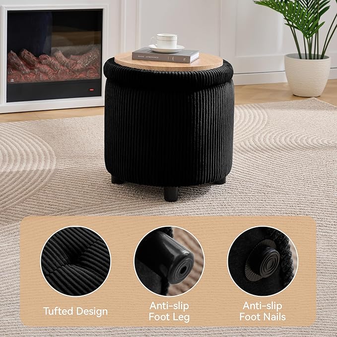 WUTUTUEE Corduroy Storage Ottoman with Flip-Top Tray, Modern Upholstered Ottoman Coffee Table, Dual Leg Options Ottoman Footrest for Living Room, Bedroom, Office, Black