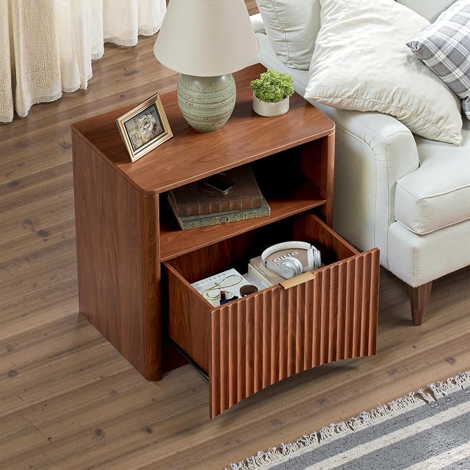 Evermagin Fluted Nightstand, Walnut Bedside Table with Drawer and Storage, Wood End Table Mid Century Modern, Large Night Stand for Bedroom - Image 7